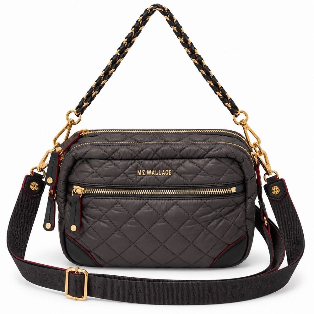 MZ Wallace Crosby Charcoal Gray Quilted Crossbody Shoulder Bag NWOT 3 straps